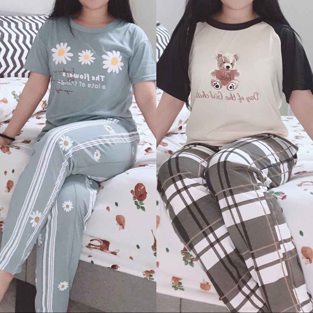 2 Sets Women girl short sleeve long pants cute cartoon cotton pajama sleepwear